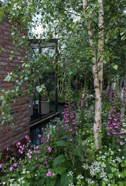 Woodland garden beside a rill running around a conservatory
