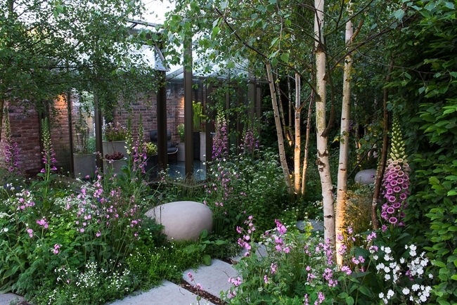 Woodland garden beside a rill running around the edge of a conservatory