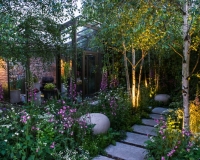 Lighting in a woodland garden beside a rill running around the edge of a conservatory