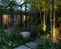 Lighting in a woodland garden beside a rill running around the edge of a conservatory