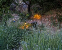 Lighting in a mediterranean style garden early evening