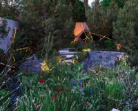 Lighting geometric shapes and basalt mounds in a contemporary mediterranean garden