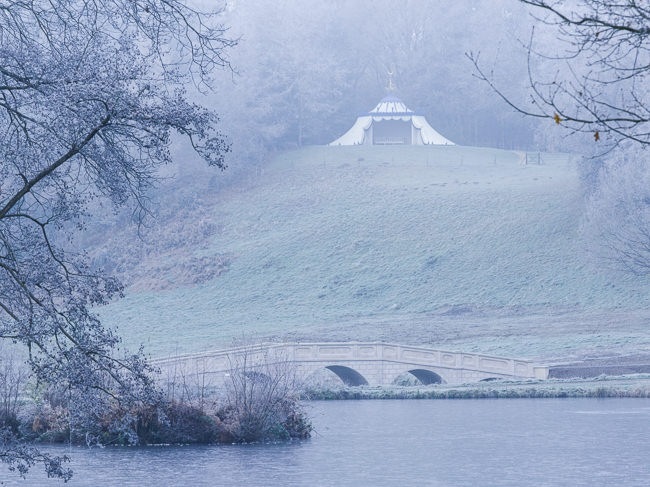 The five arch bridge and Turkish tent at Painshill Park landscape garden