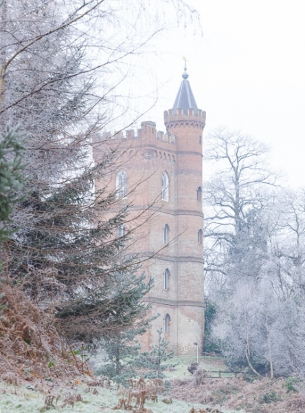 The tower seen through trees at Painshill Park landscape garden