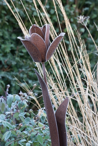 Rusty metal tulips covered in frost